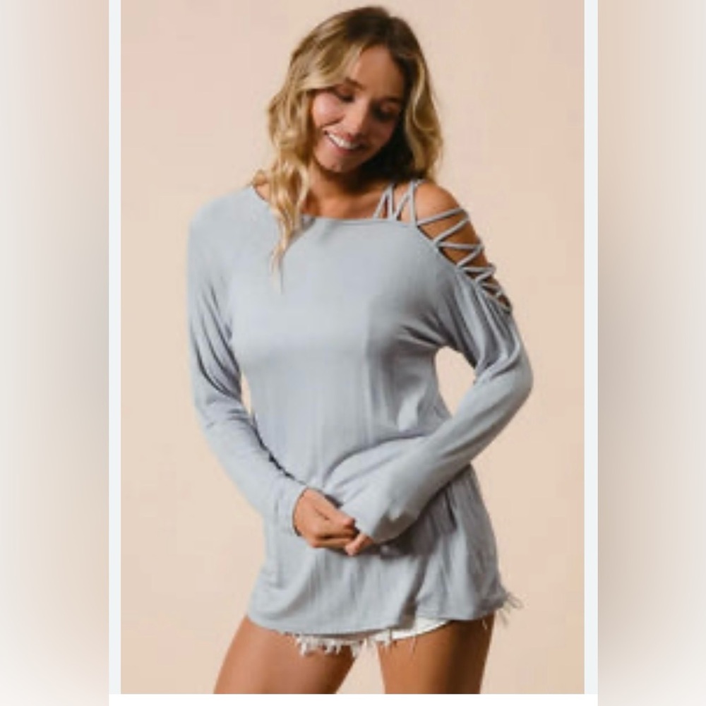 BiBi Dusty Rose Long Sleeve Criss Cross Cut Out Shoulder Jersey Top